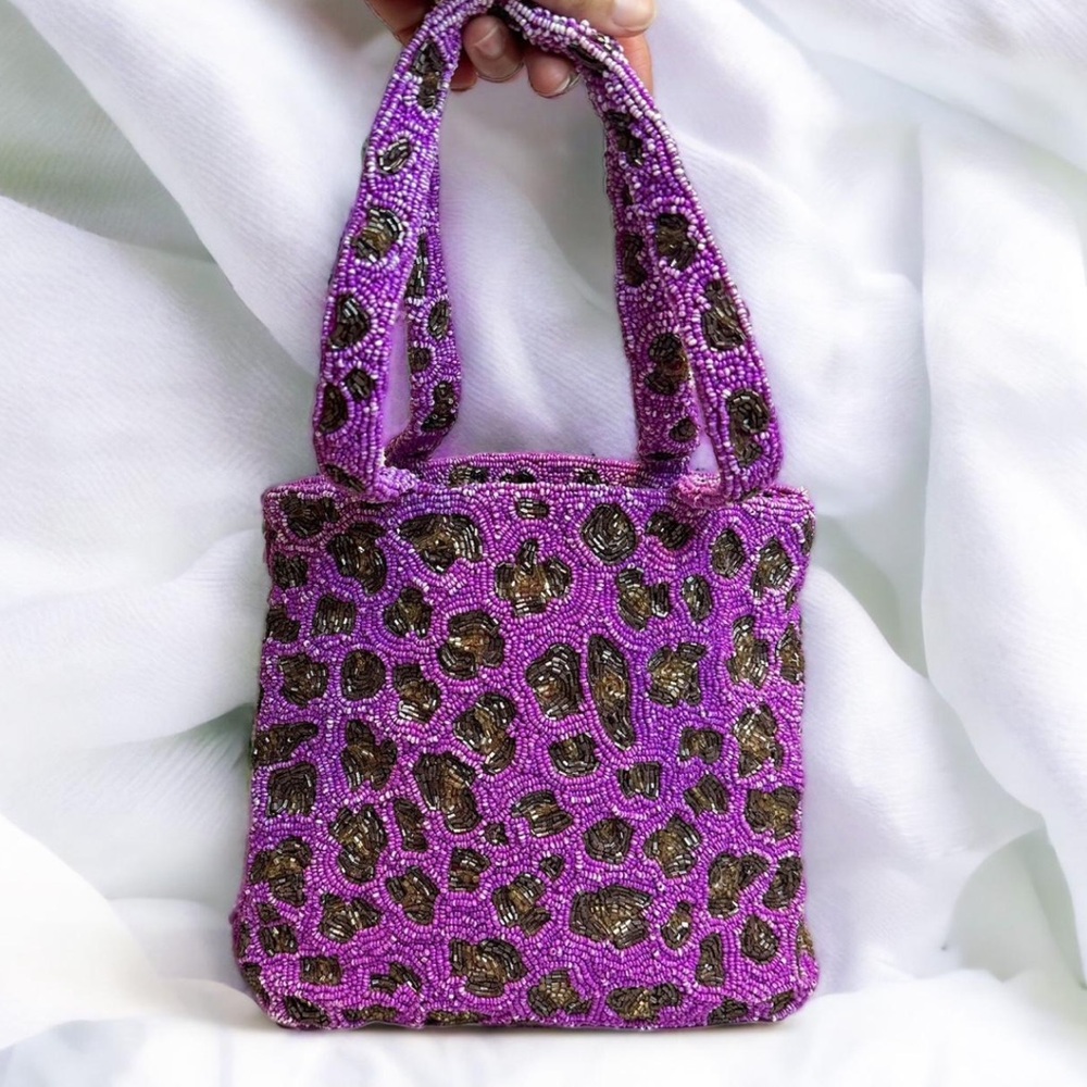 MOYNA Purple Beaded Leopard Bag